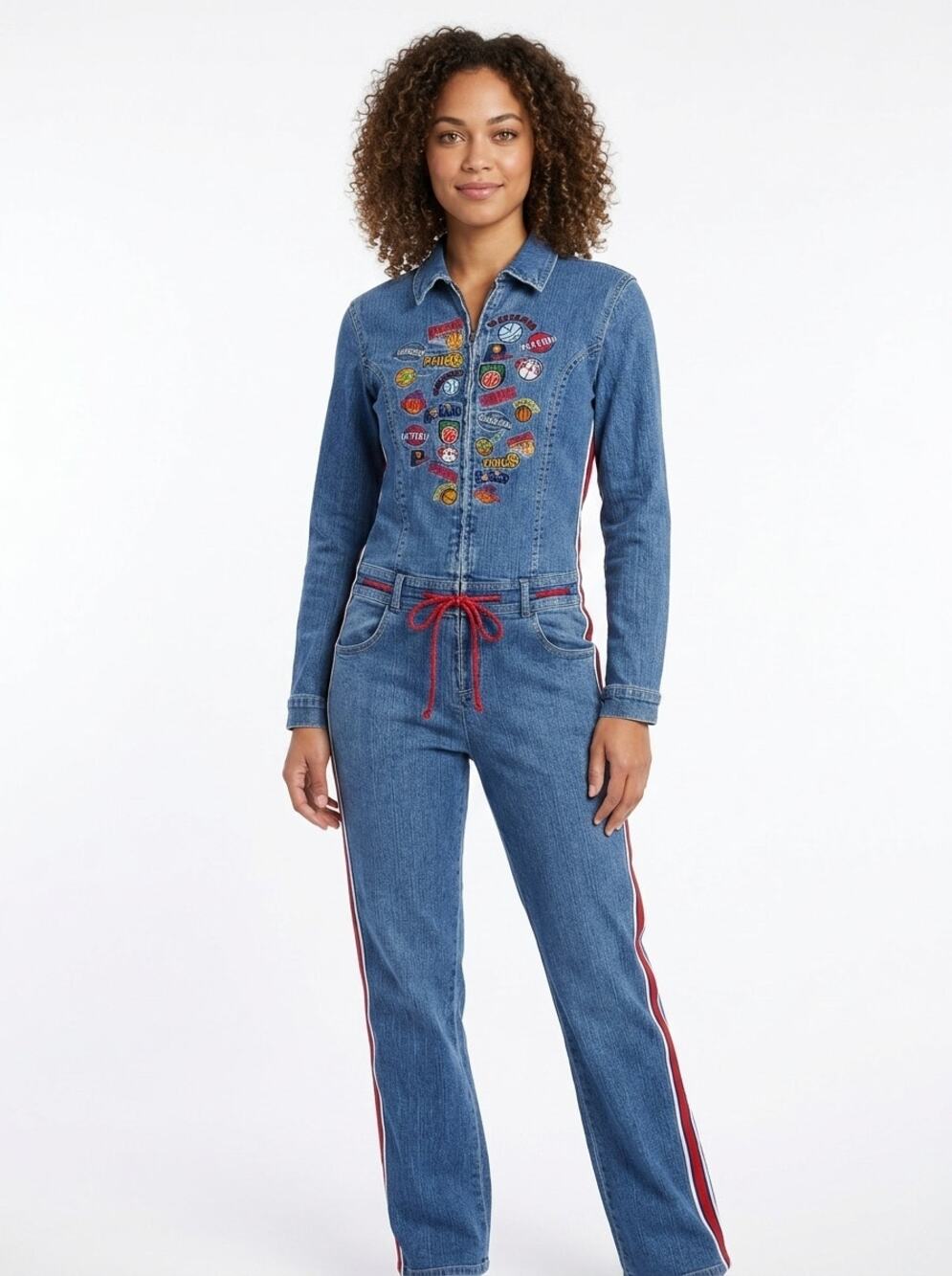Boom DX Blue Denim NBA Patch Embroidered Long Sleeve Jumpsuit Women Size M